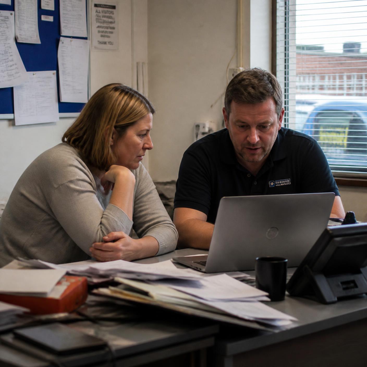 An ISO consultant sitting alongside a client manager at a workshop office table, reviewing procedures together on a laptop