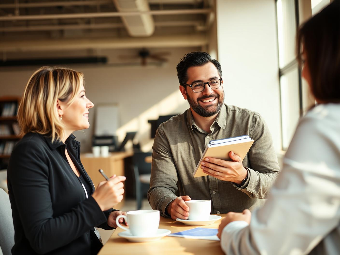 A consultant in conversation with two client colleagues over coffee in a light industrial office