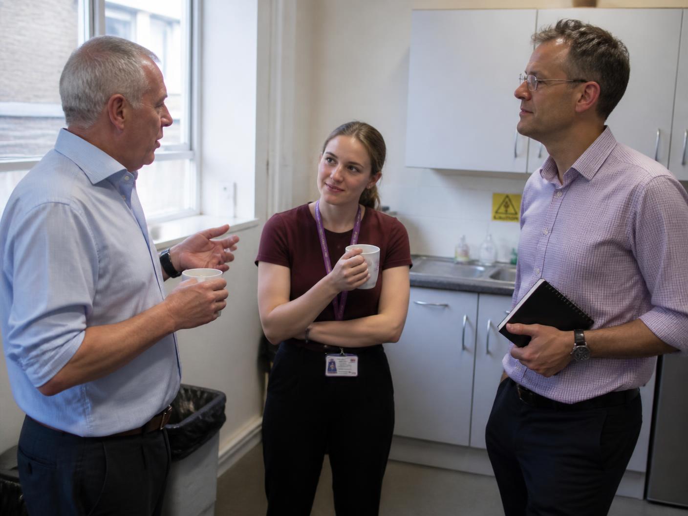 A consultant in conversation with two client colleagues over coffee in a light industrial office