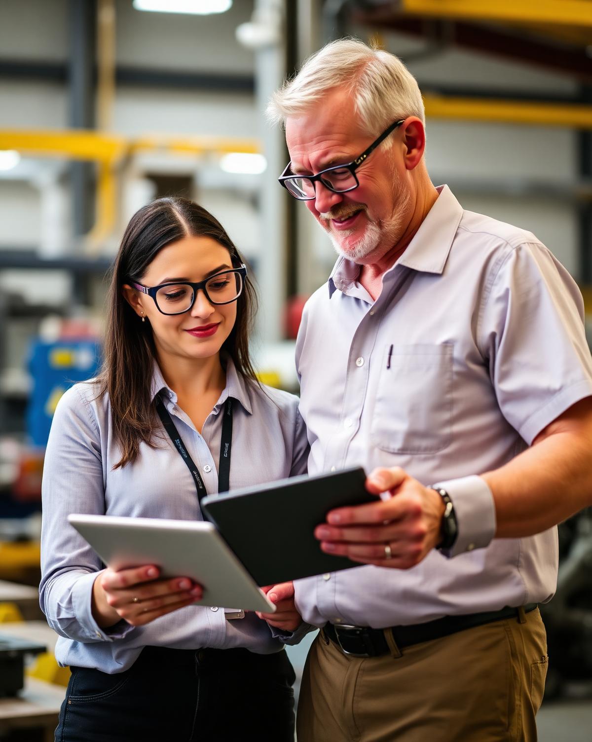 ISO consultant discussing audit findings with an operations manager on the shop floor