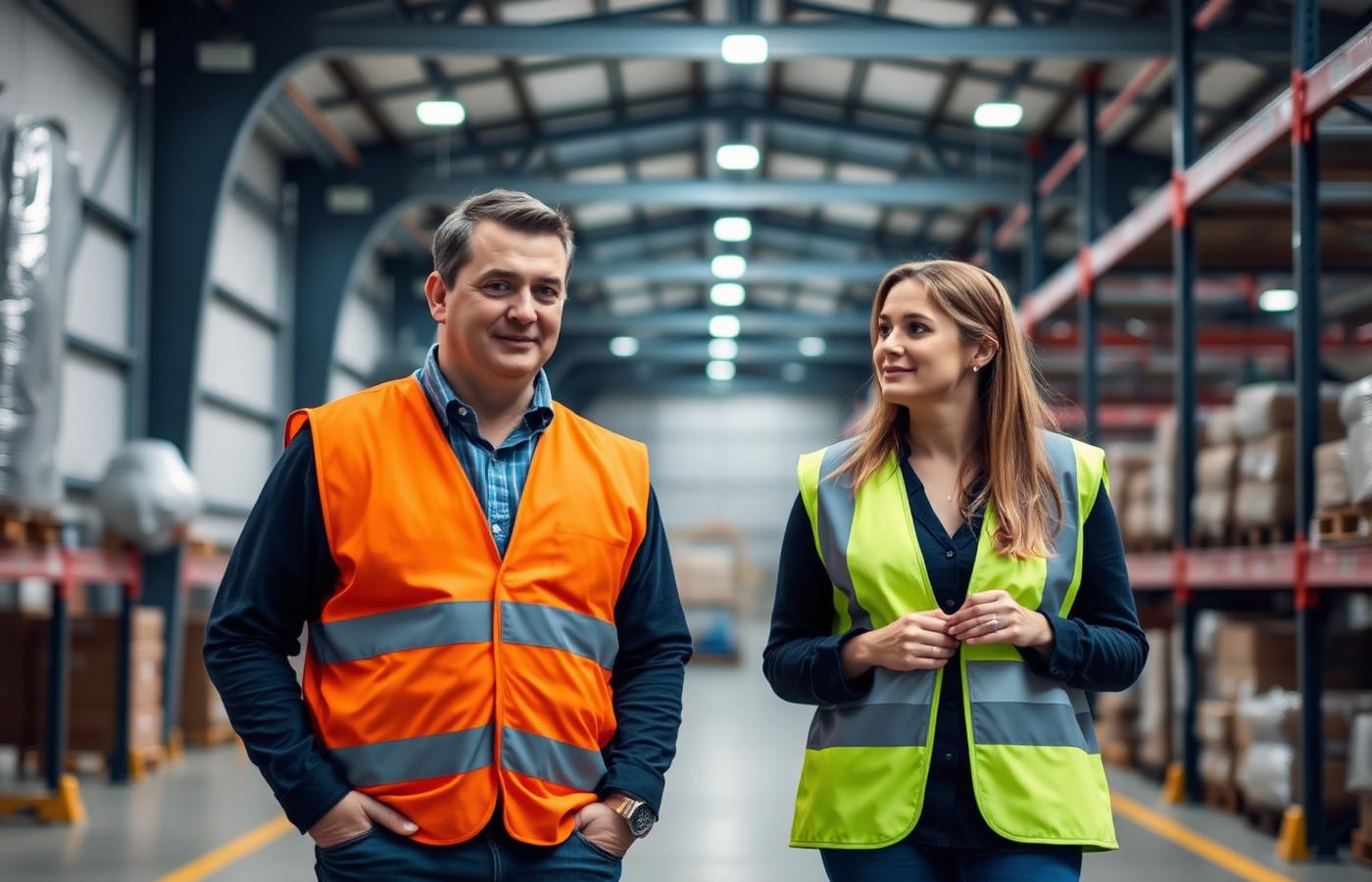 ISO consultant walking through a warehouse with a client, discussing operational compliance