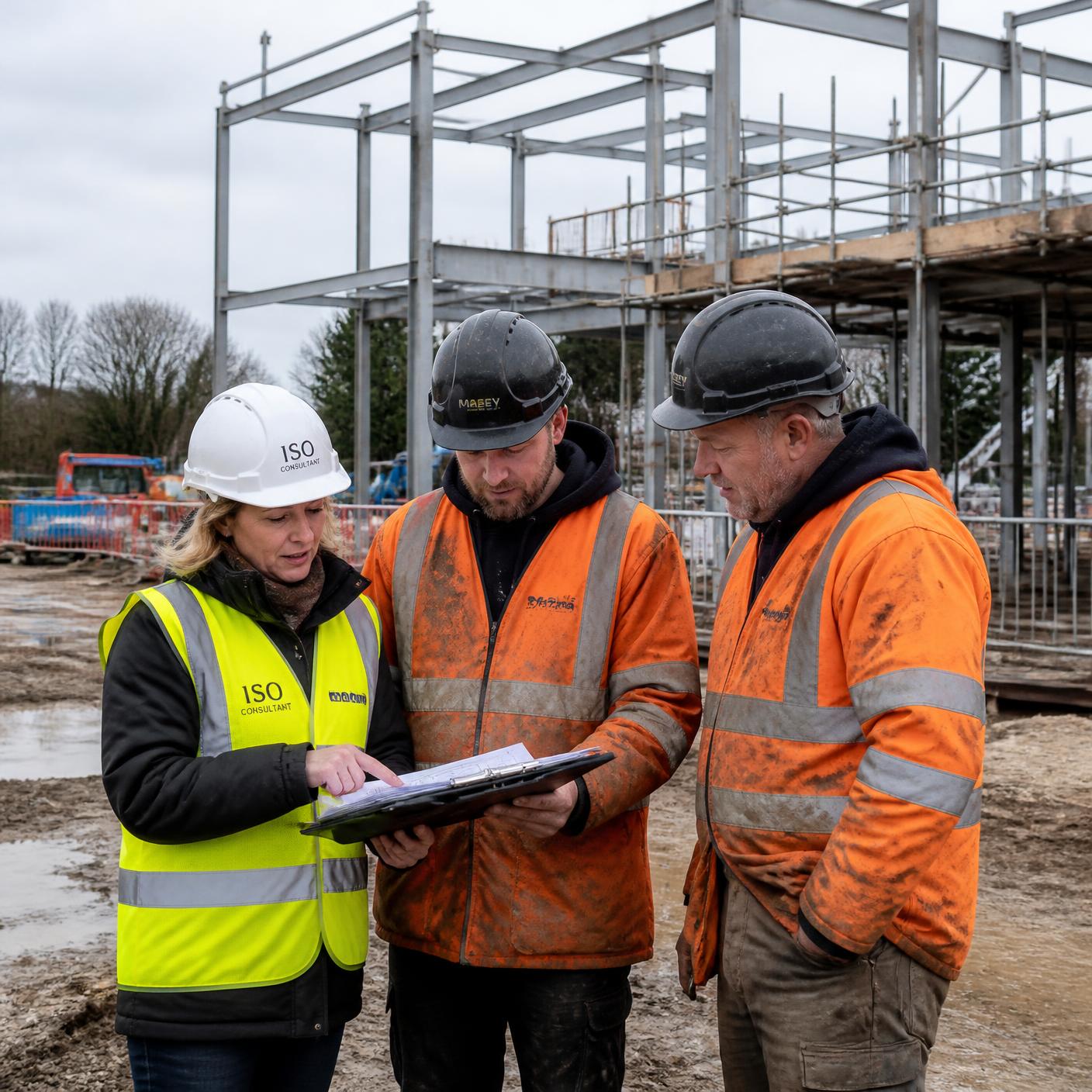 An ISO consultant in a hi-vis vest and hard hat reviewing project paperwork with two site managers on an active UK construction site