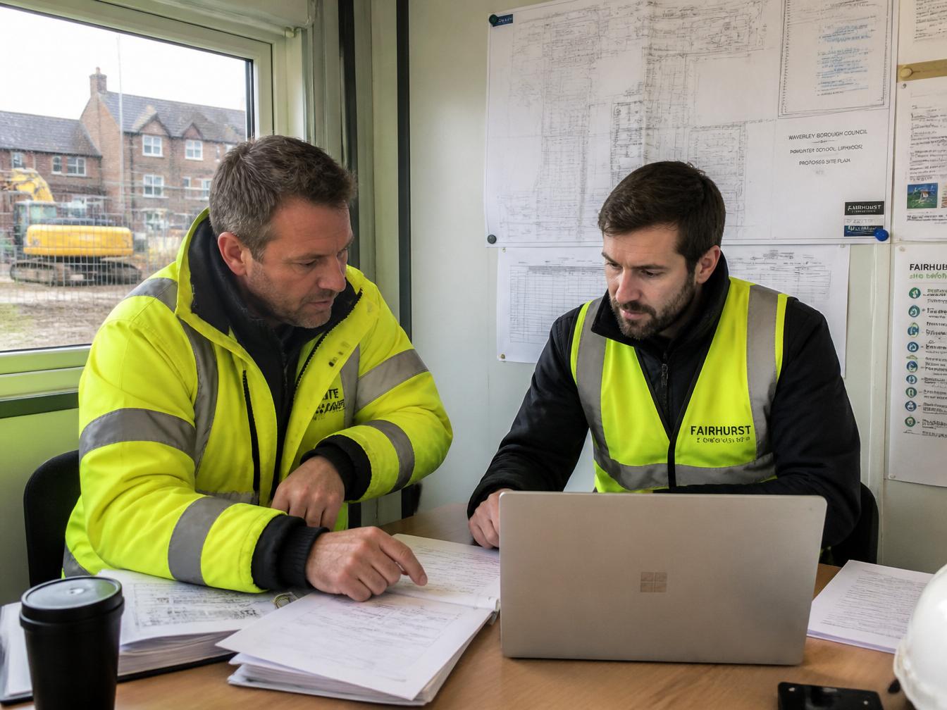A site manager and an ISO consultant in hi-vis reviewing project documentation and a laptop inside a construction site office