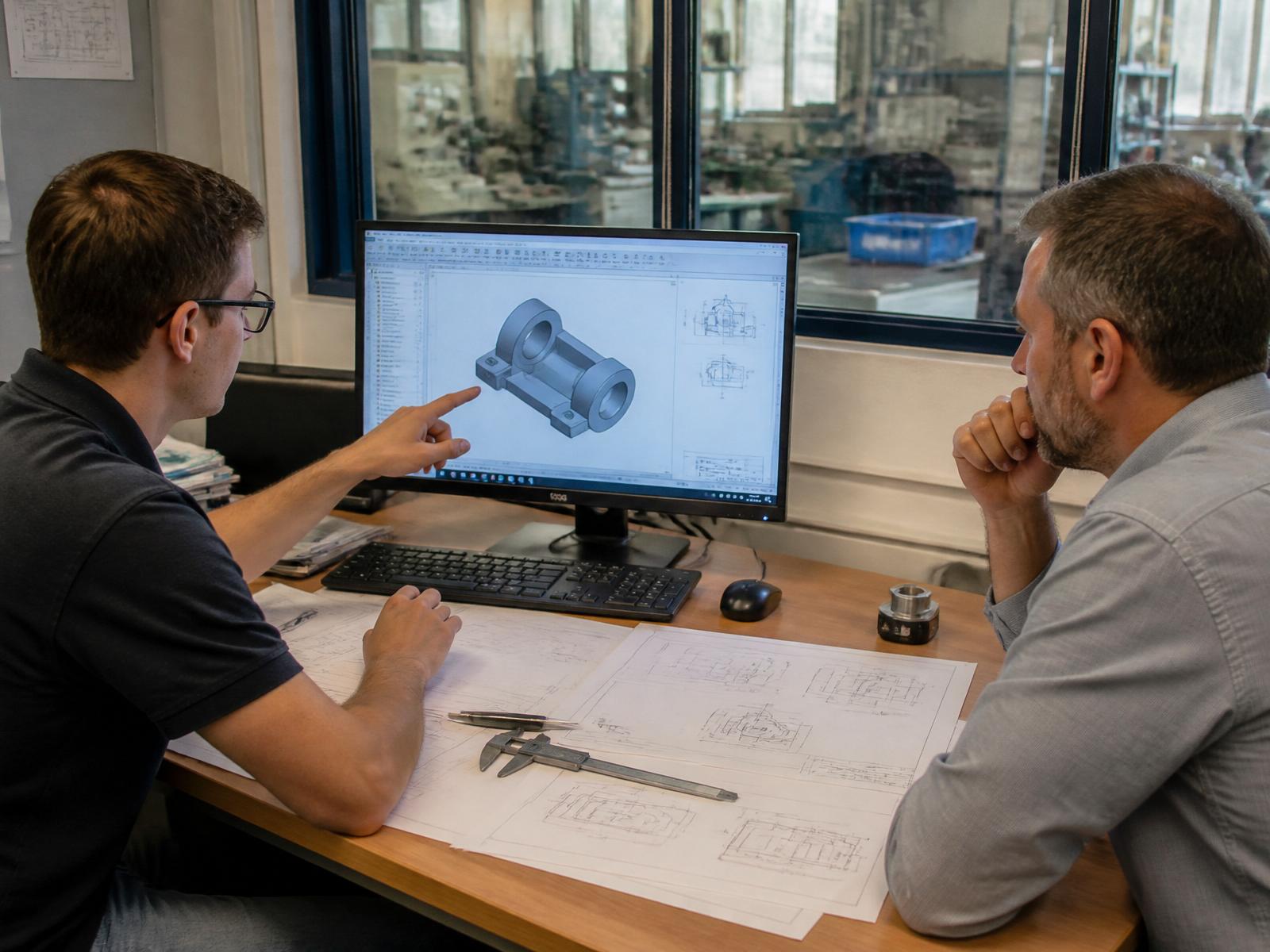 Two engineers reviewing CAD drawings on a monitor alongside printed technical schematics during a design review