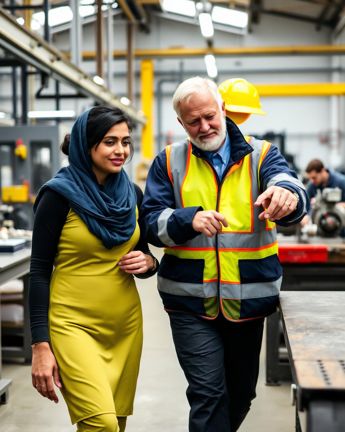 ISO consultant walking a production manager through an engineering workshop