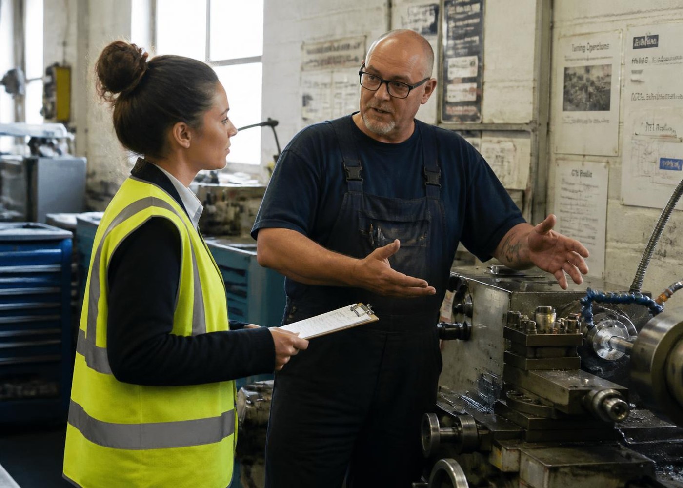 ISO consultant and business owner reviewing process documentation at a manufacturing facility
