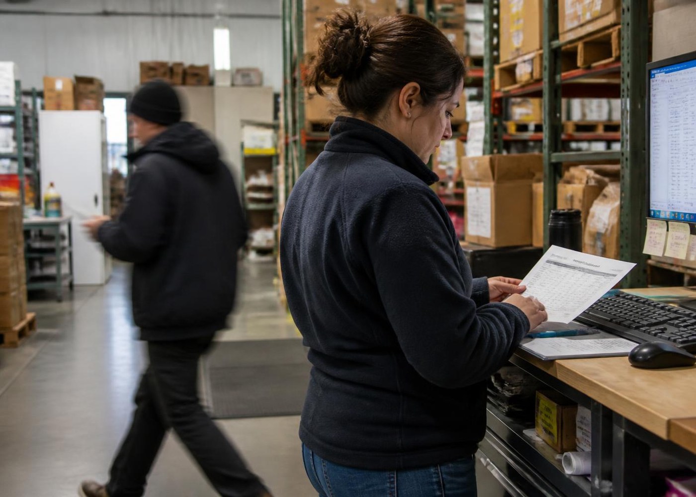 Consultant presenting an action plan to a client team in a warehouse mezzanine office