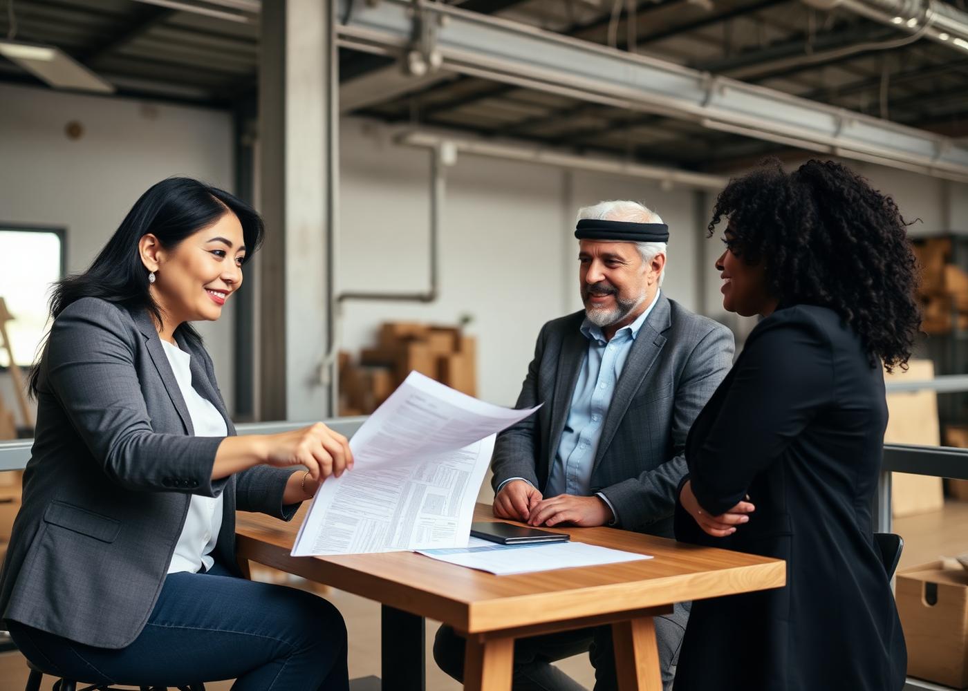 Consultant presenting an action plan to a client team in a warehouse mezzanine office