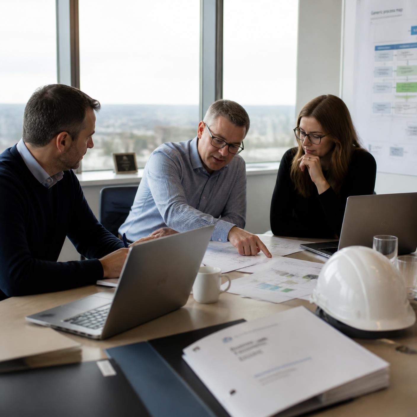 An ISO consultant reviewing an integrated management system with a management team in a UK office