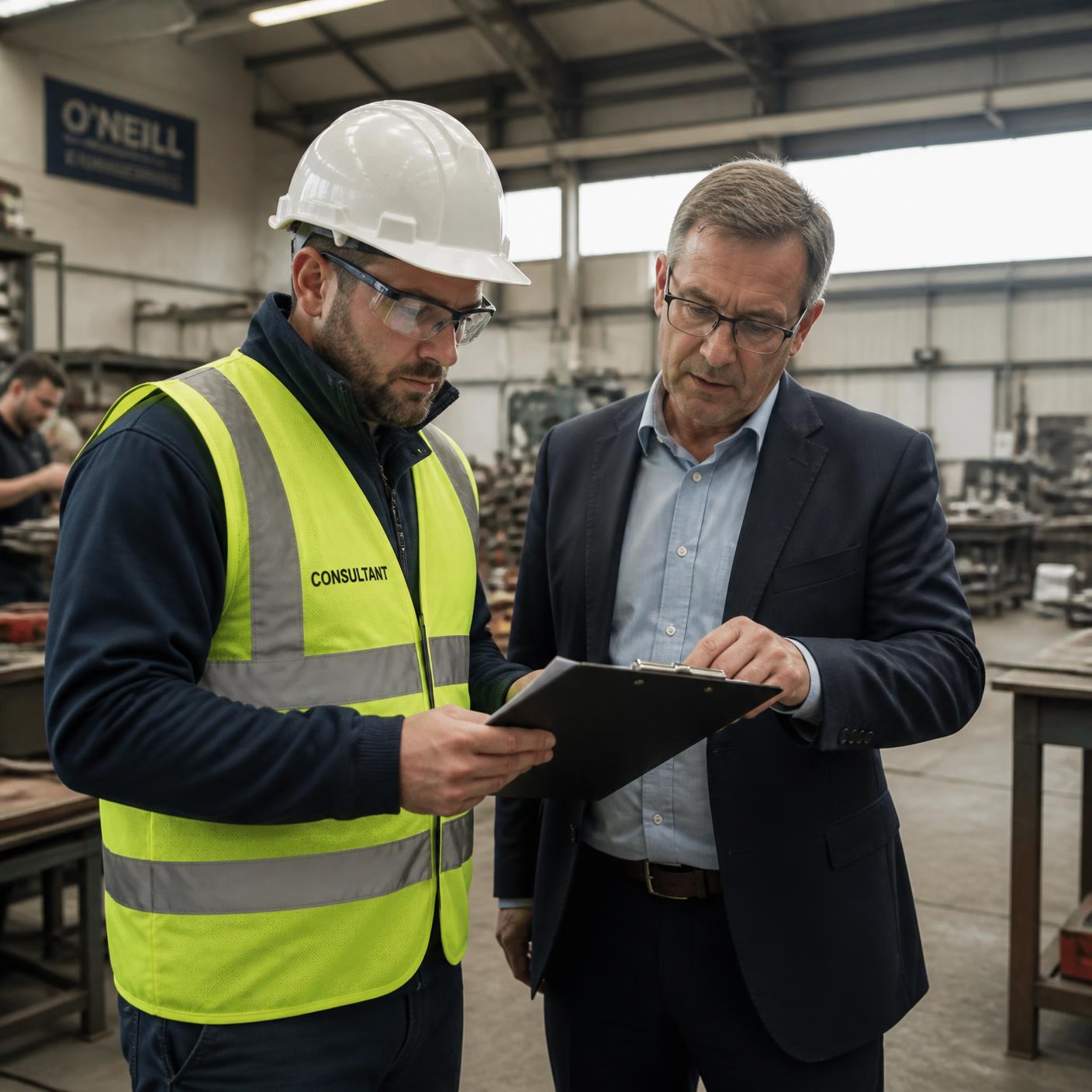 An ISO consultant in a hi-vis vest and hard hat reviewing paperwork with a client manager on the floor of a UK engineering workshop