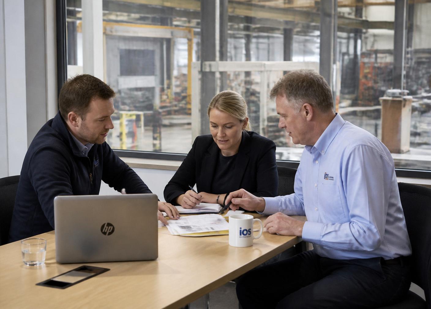 Two ISO consultants working through documentation with a client manager in an office overlooking a manufacturing floor