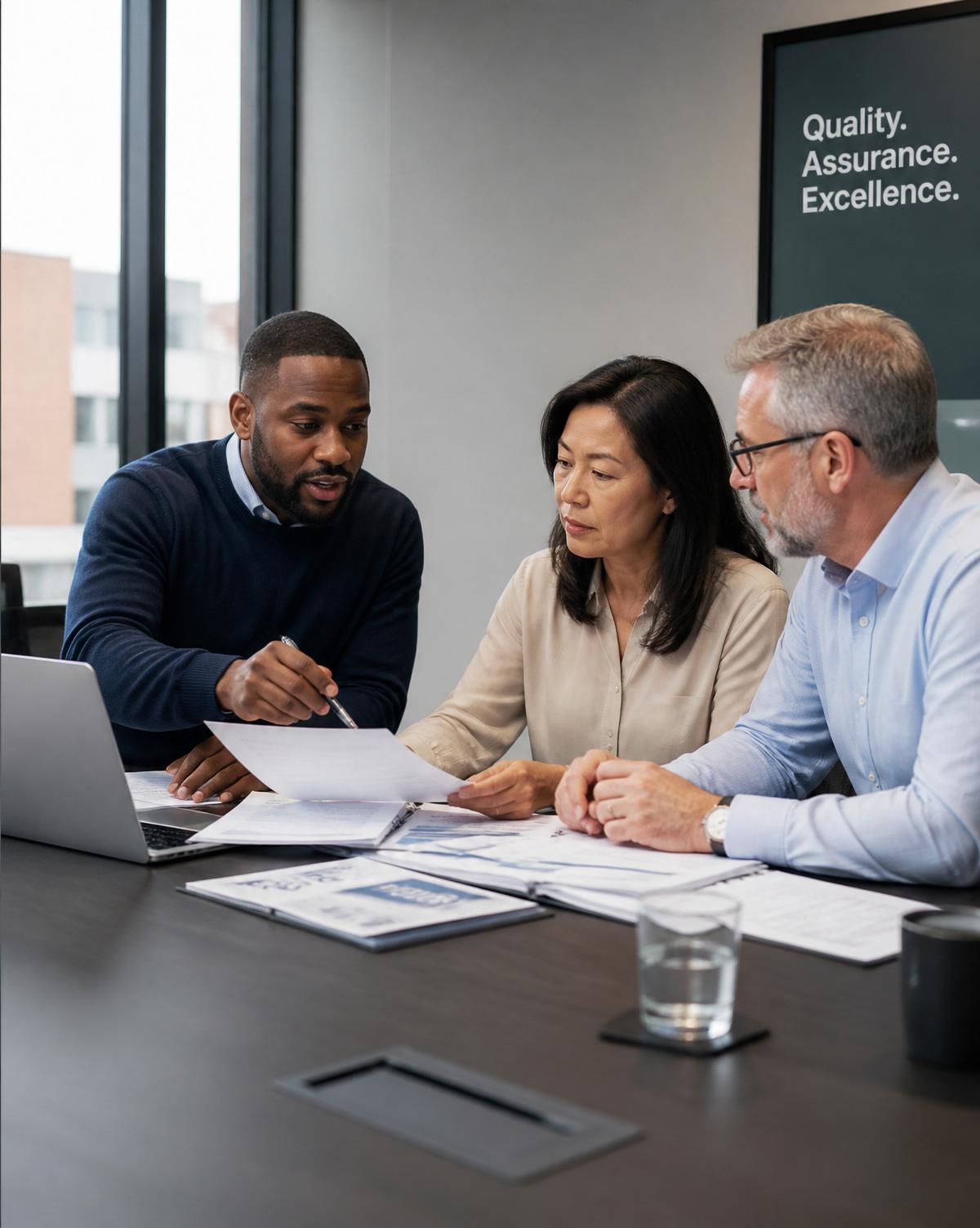 ISO consultant reviewing an integrated management system manual with a client operations manager