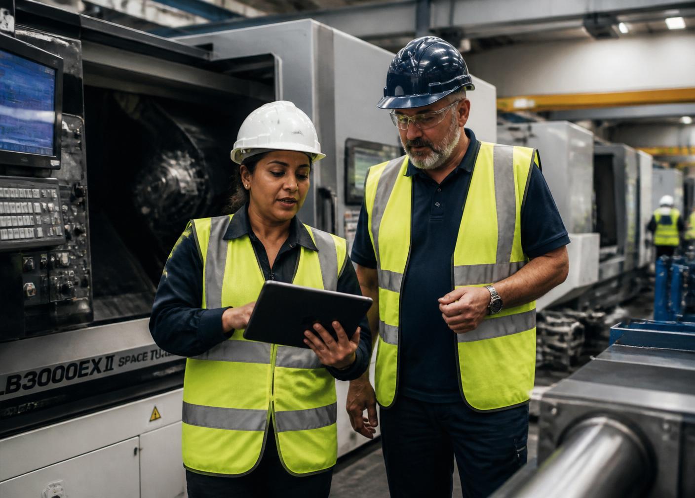ISO consultant reviewing documents with a client engineer on the factory floor