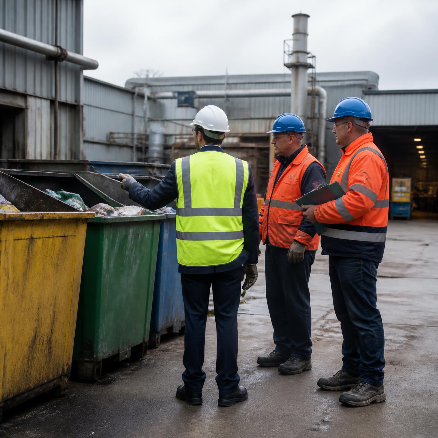 An environmental consultant reviewing waste segregation and recycling arrangements with site managers at a UK industrial facility