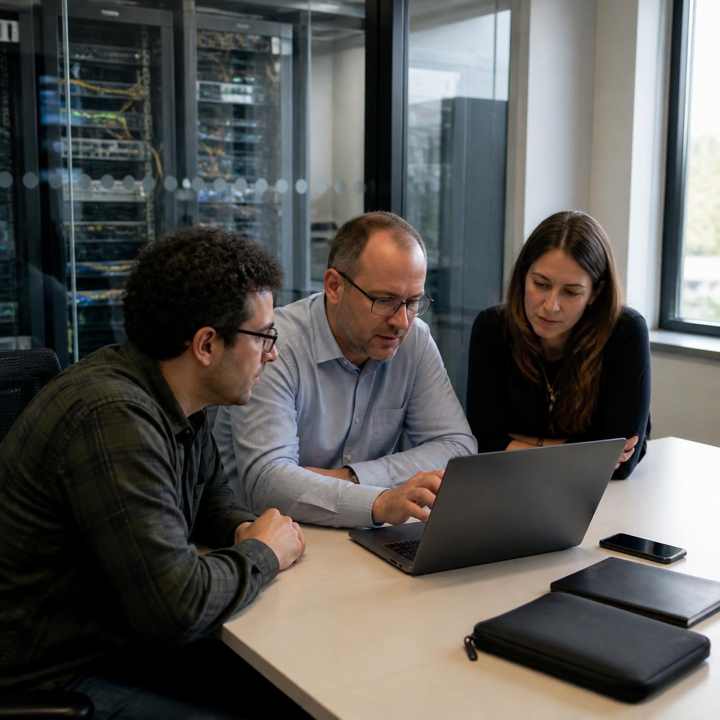 An information security consultant reviewing security documentation with two IT staff beside a UK data centre suite