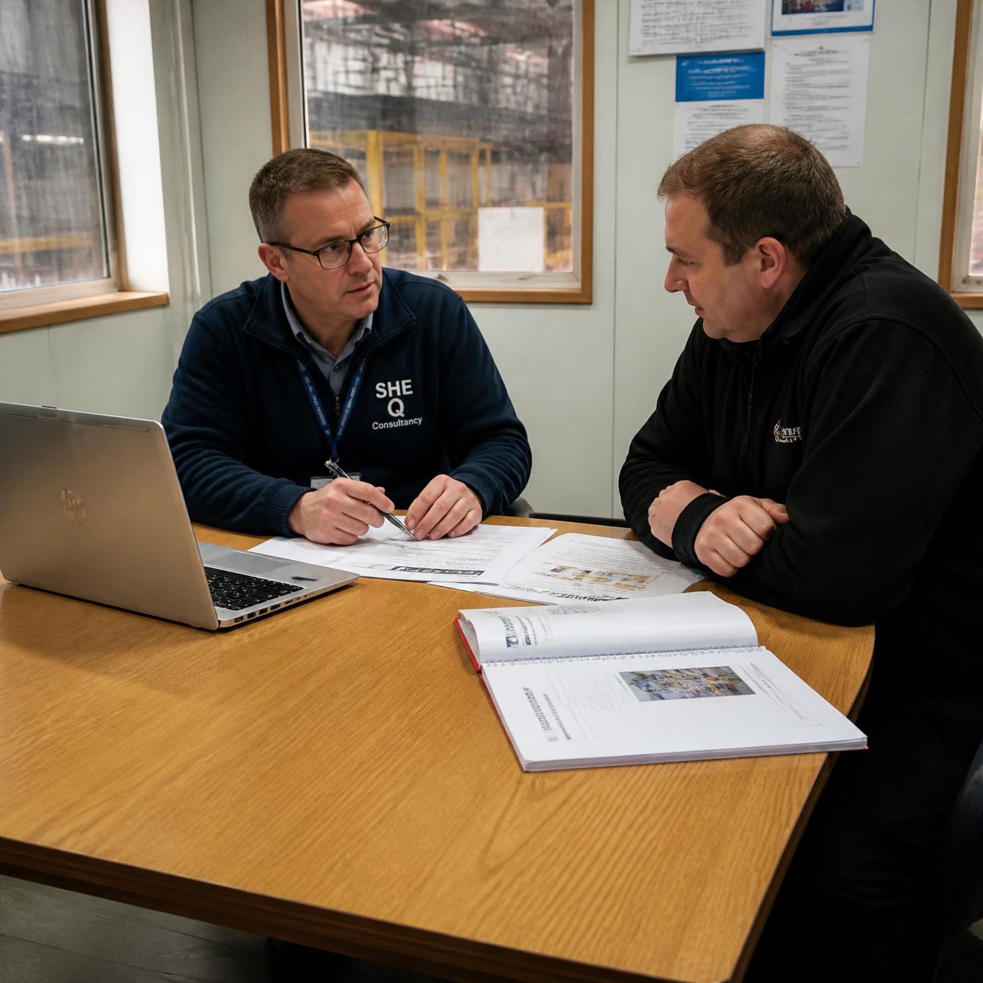 A health and safety consultant discussing risk assessments with an operations manager in a UK factory site office
