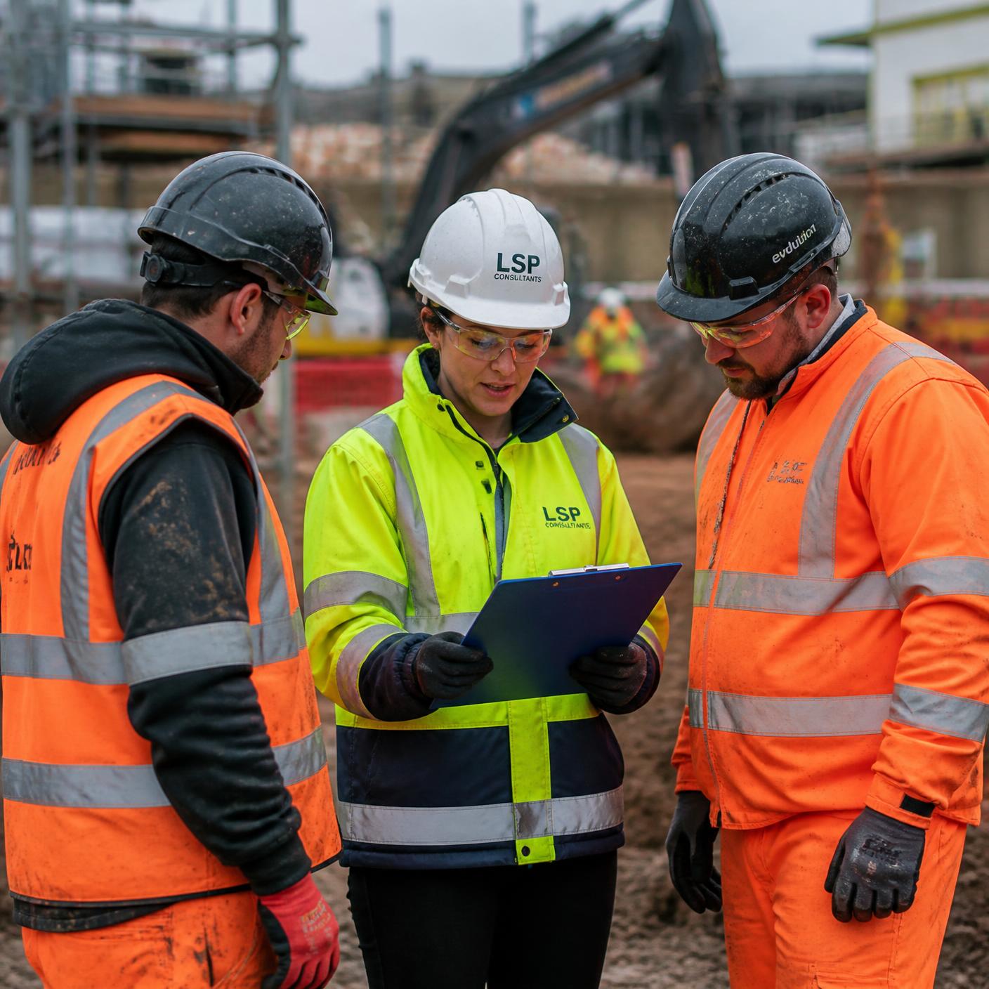 A health and safety consultant reviewing a site safety checklist with two workers on a UK construction site