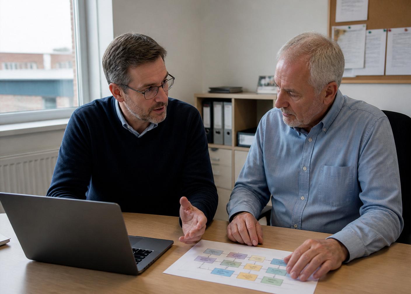 An ISO consultant explaining a quality management process to a business owner in a UK office