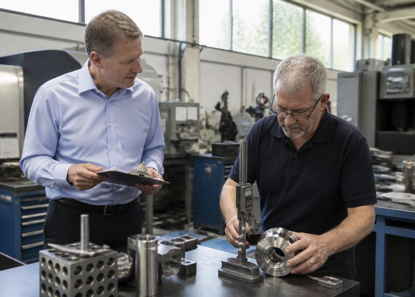 An ISO consultant reviewing quality checks with an inspector at a UK precision engineering workshop
