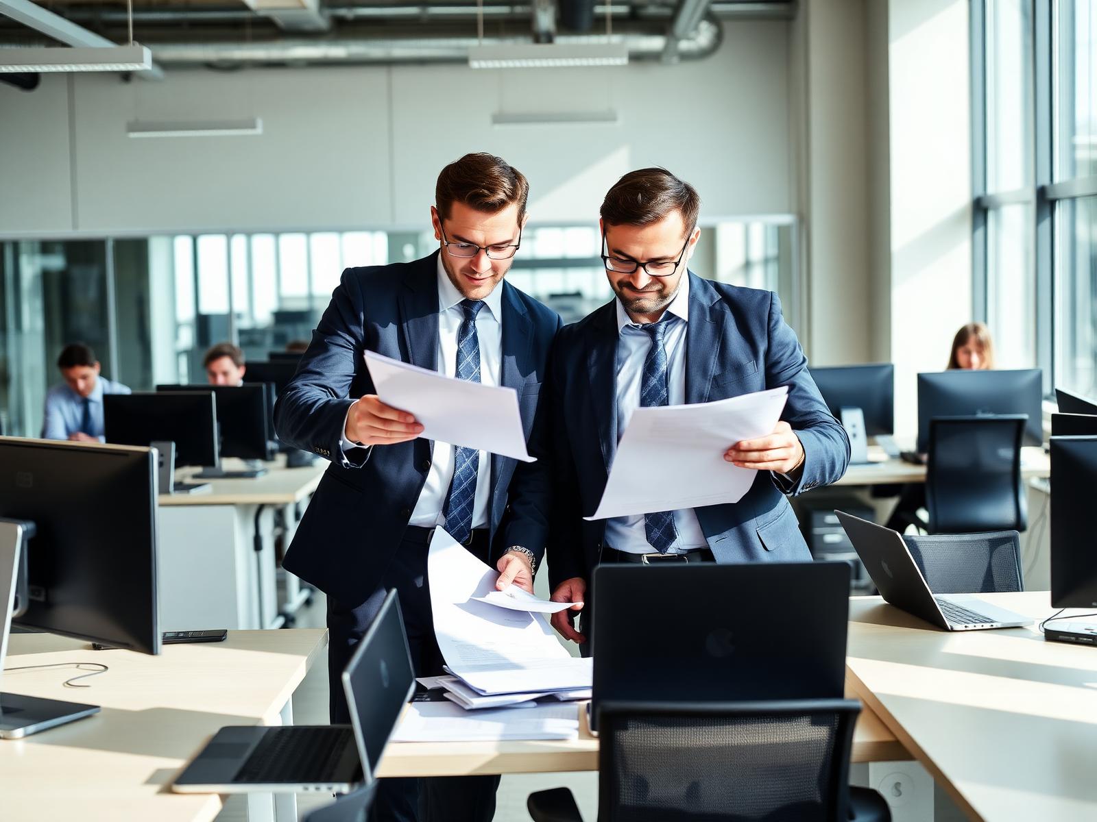 ISO consultants reviewing documentation with an IT team in a modern technology office