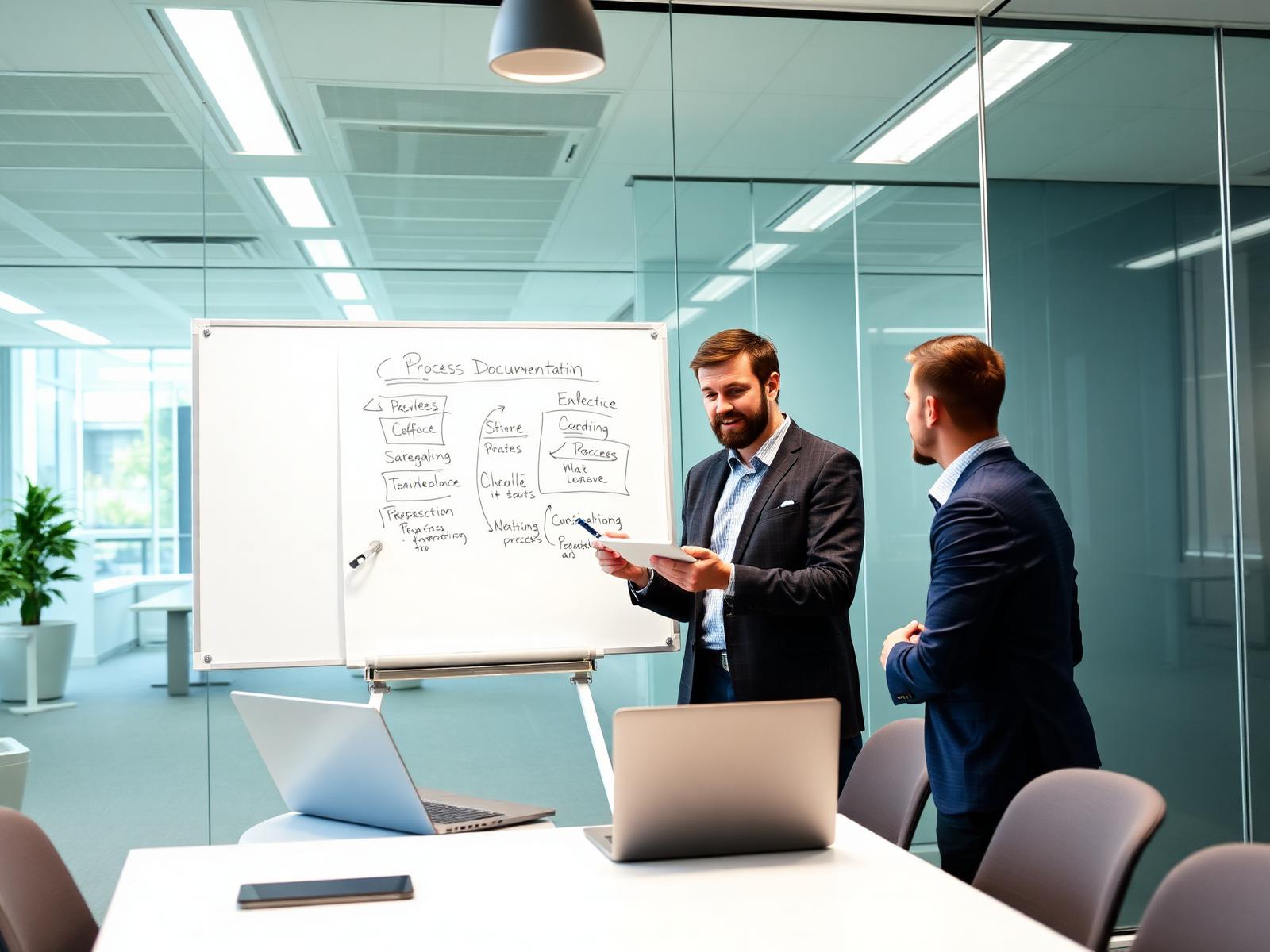 A consultant and an IT manager reviewing process documentation in a technology company meeting room