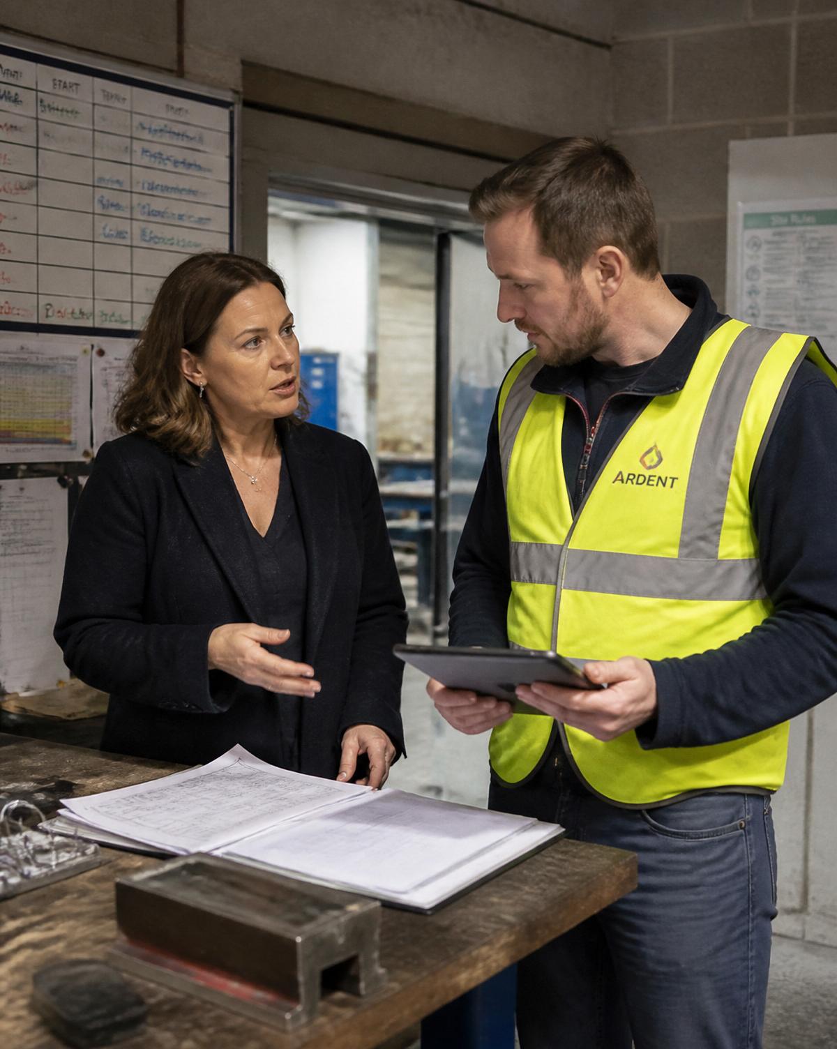 ISO consultant advising a workshop supervisor on management system paperwork