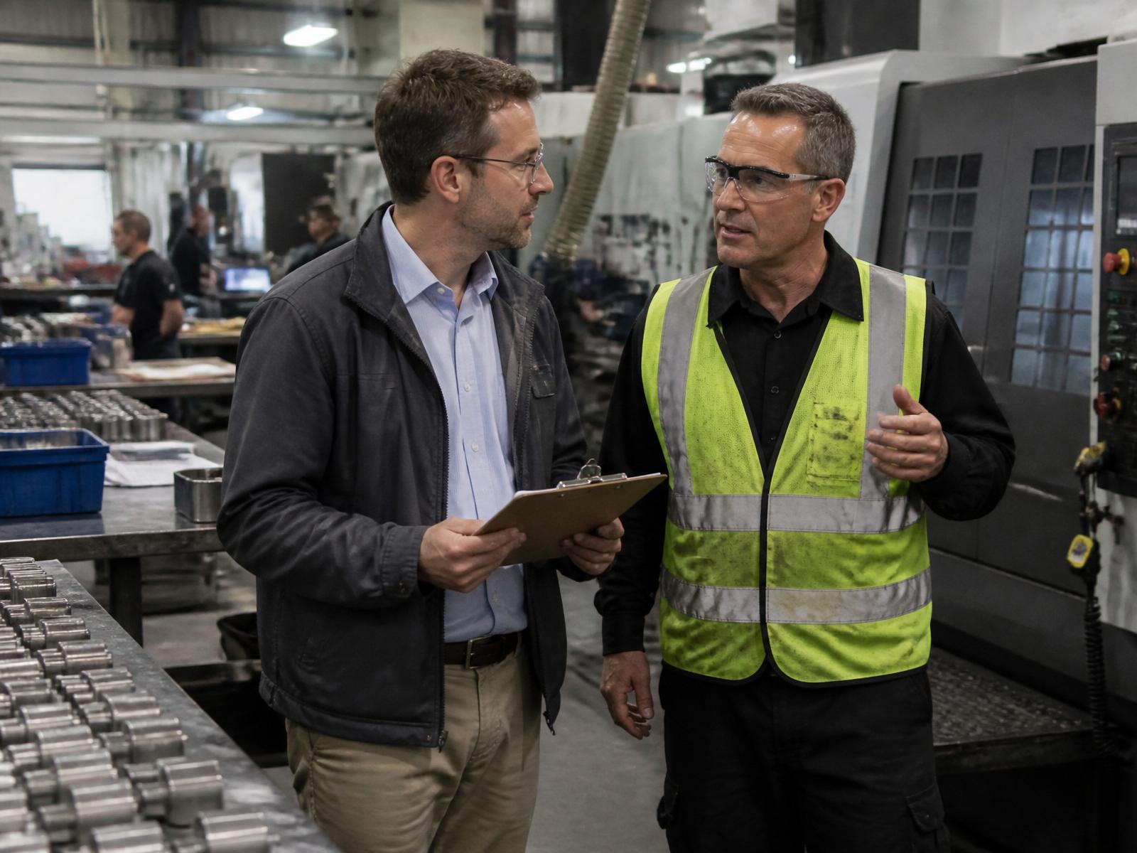 An ISO consultant reviewing quality records with a production manager beside machinery on a manufacturing shop floor