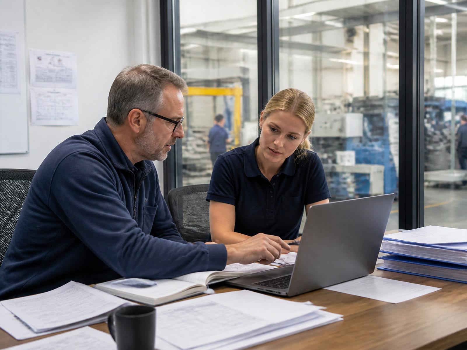 A production manager and a colleague reviewing quality documentation on a laptop in a factory office overlooking the production floor