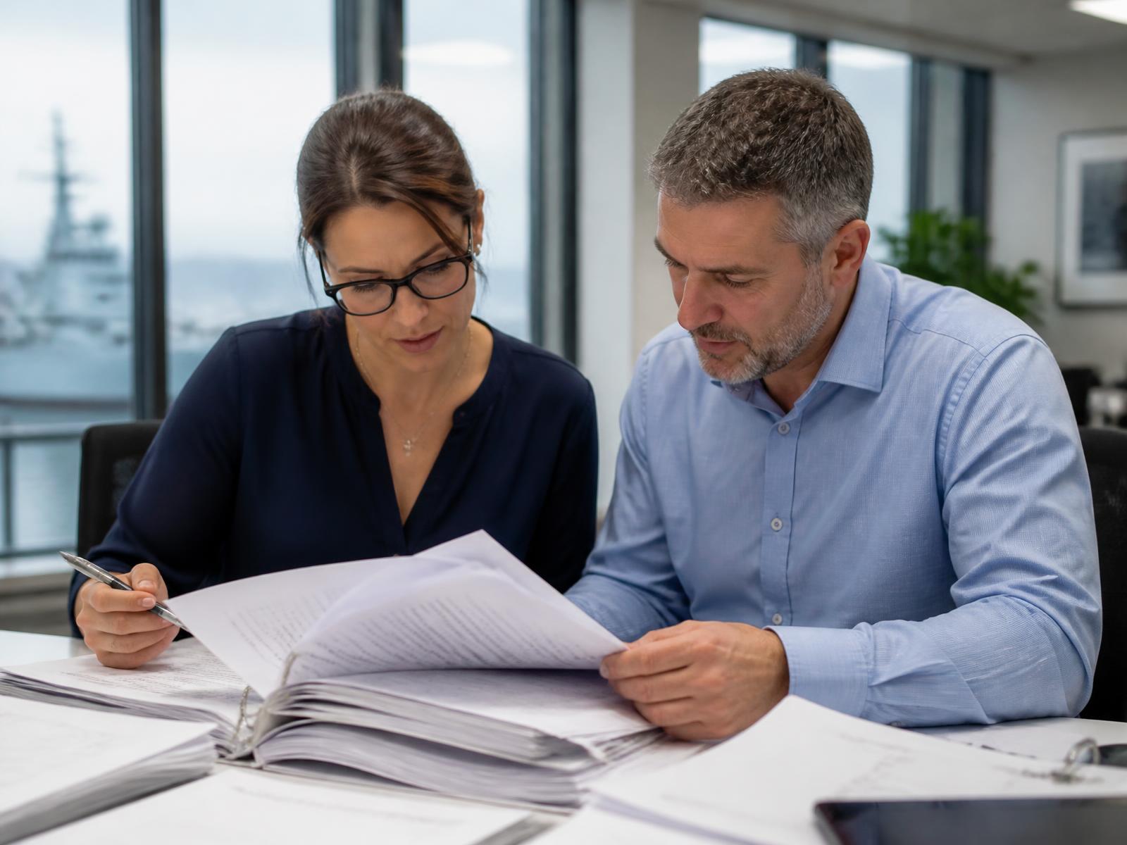 Two professionals reviewing practical management system documents for a maritime defence contractor