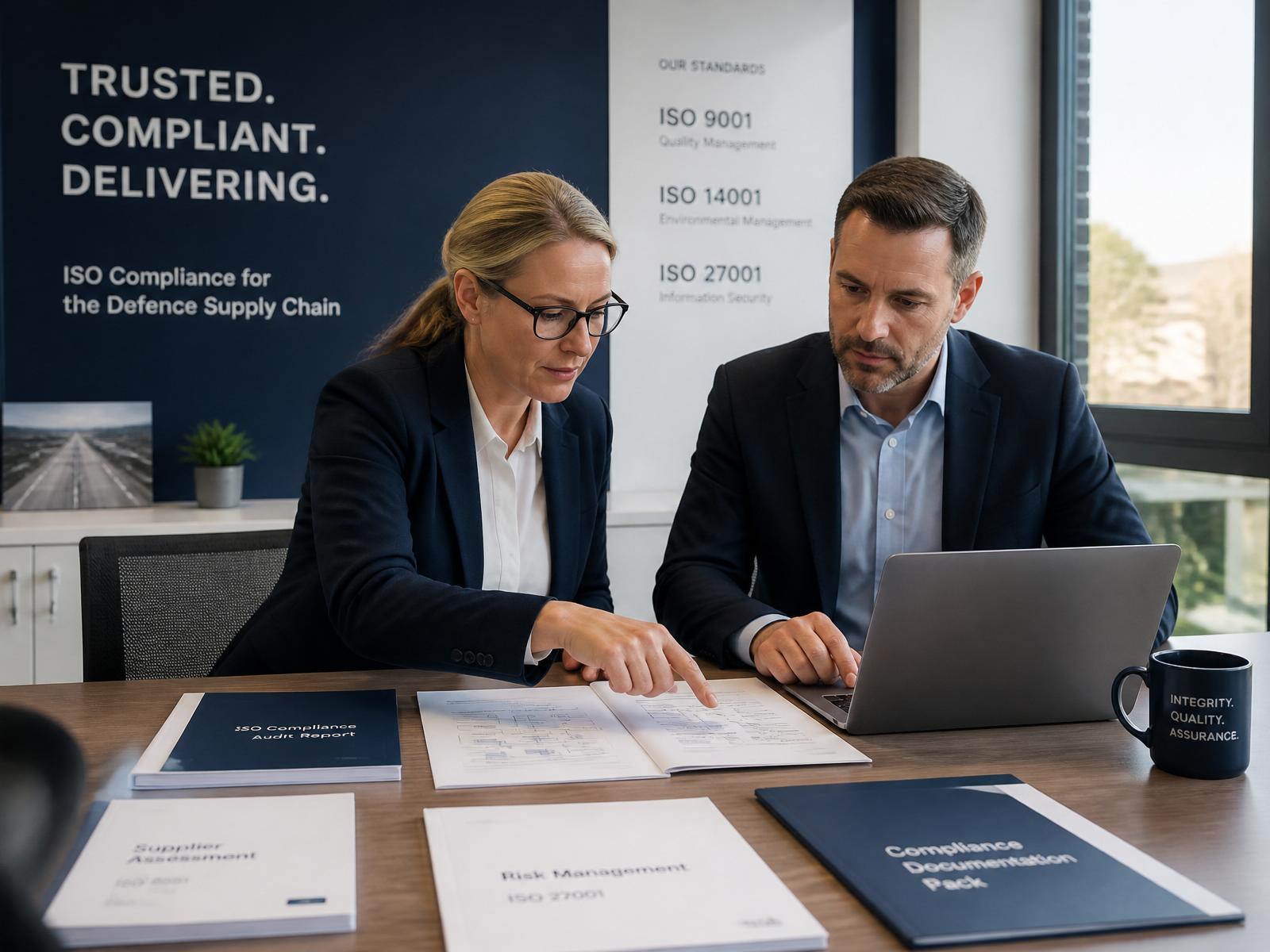 ISO consultants and defence supply chain professionals reviewing compliance documentation in a modern office