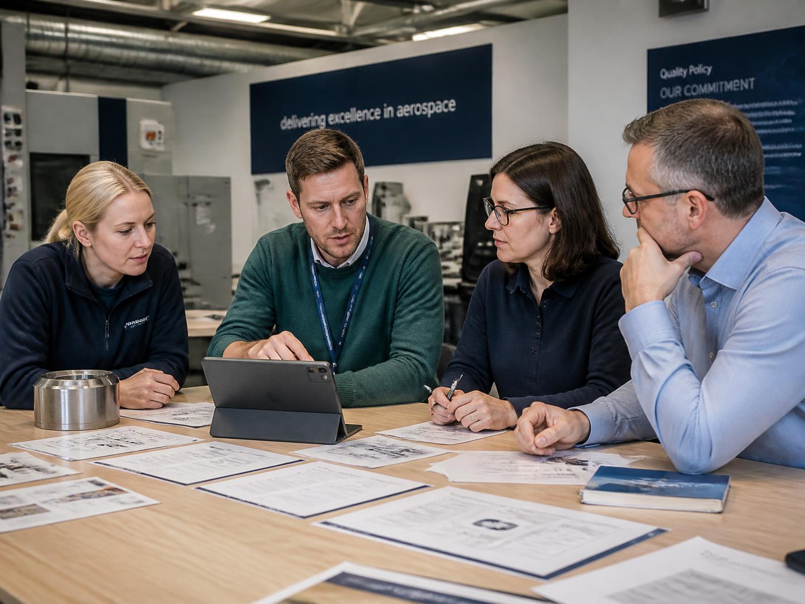 Defence supply chain professionals reviewing practical management system documents and quality processes