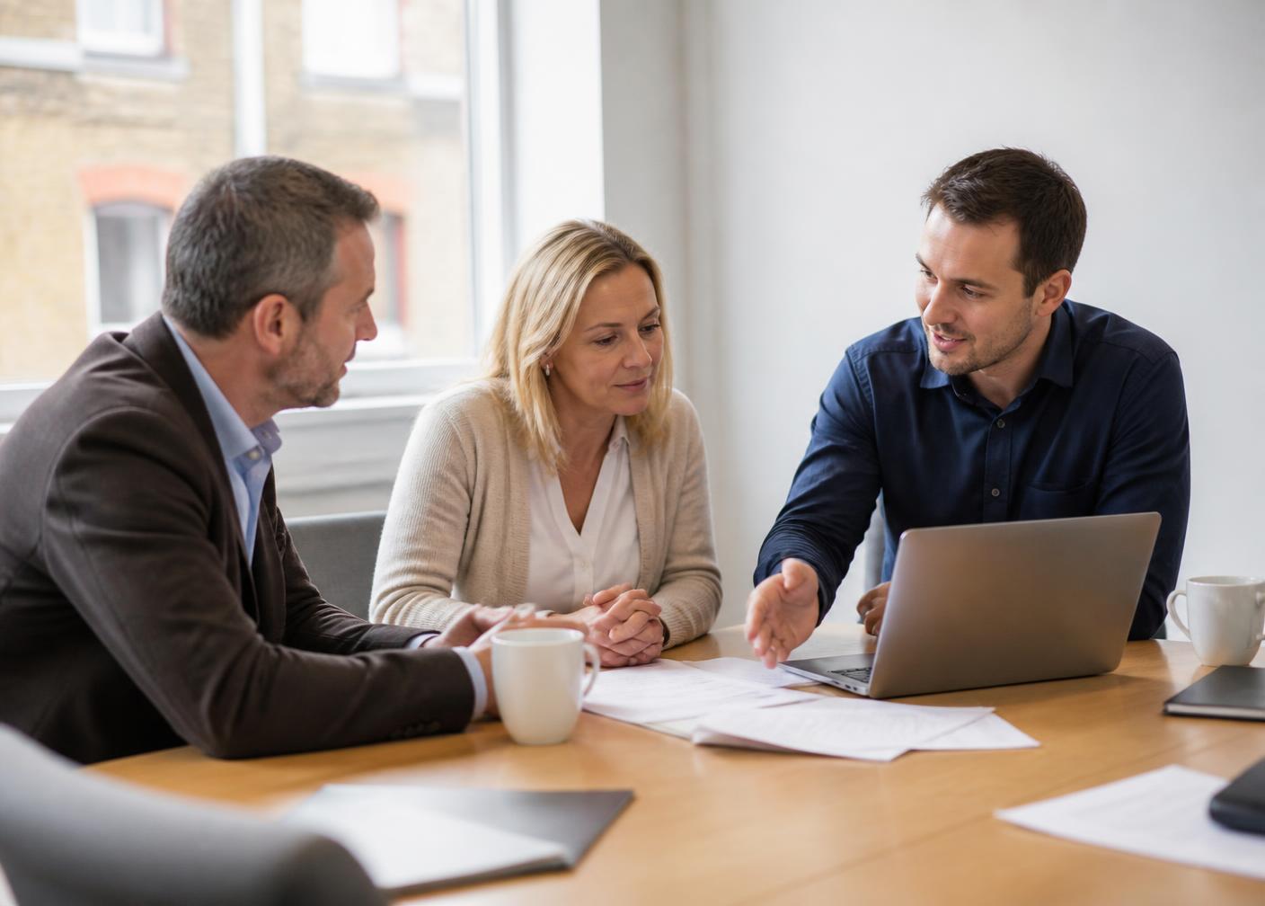 An ISO consultant advising two clients around a meeting table in a UK office