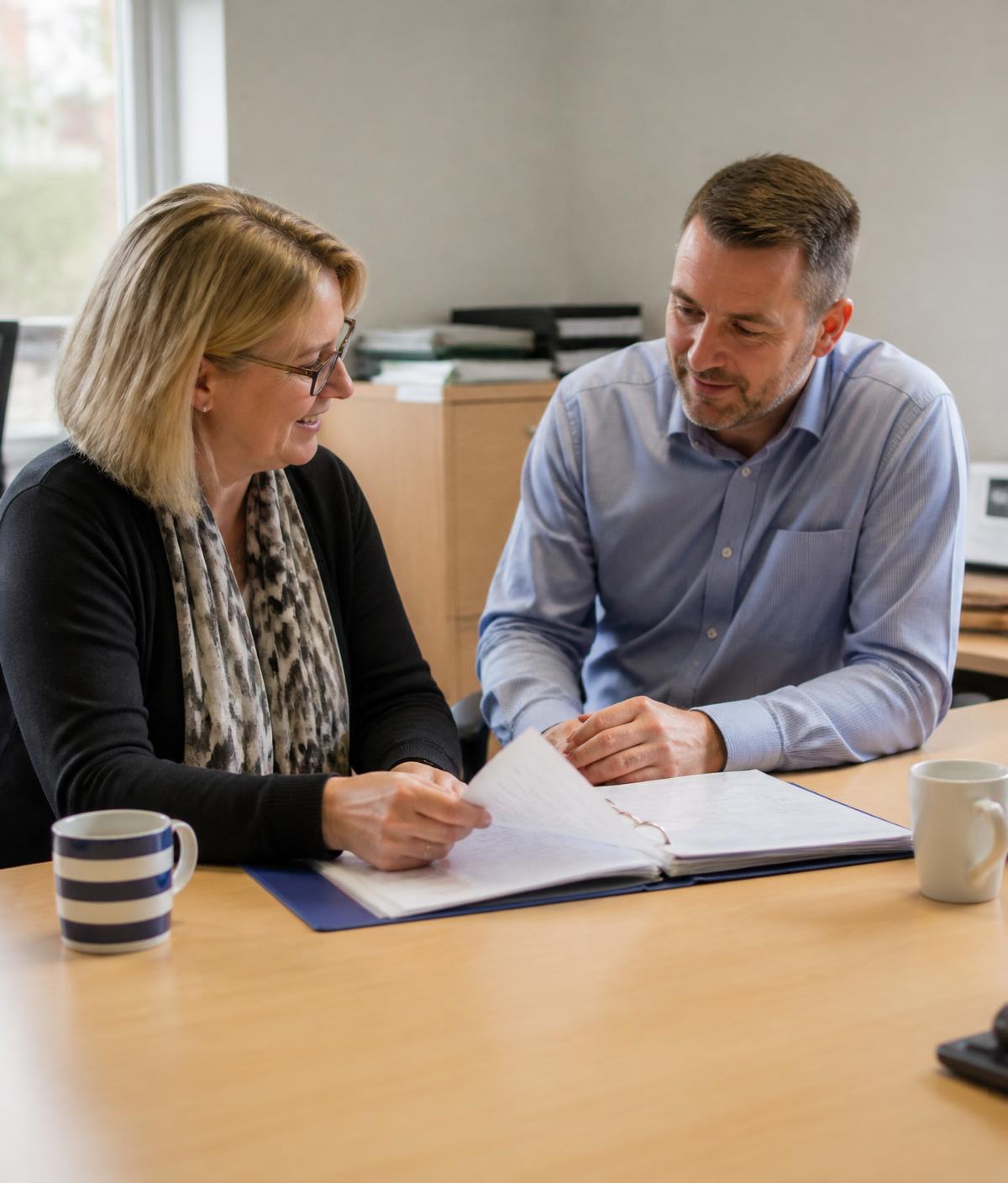 An ISO consultant sitting one-to-one with a client, going through their management system folder together