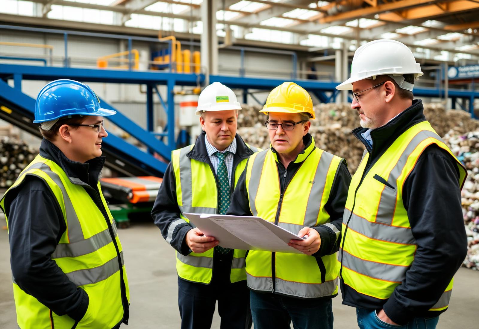 ISO consultants reviewing documentation with site staff inside a waste recycling transfer station