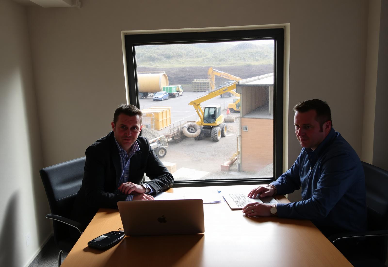A consultant and site manager in a meeting room overlooking an operational waste treatment yard